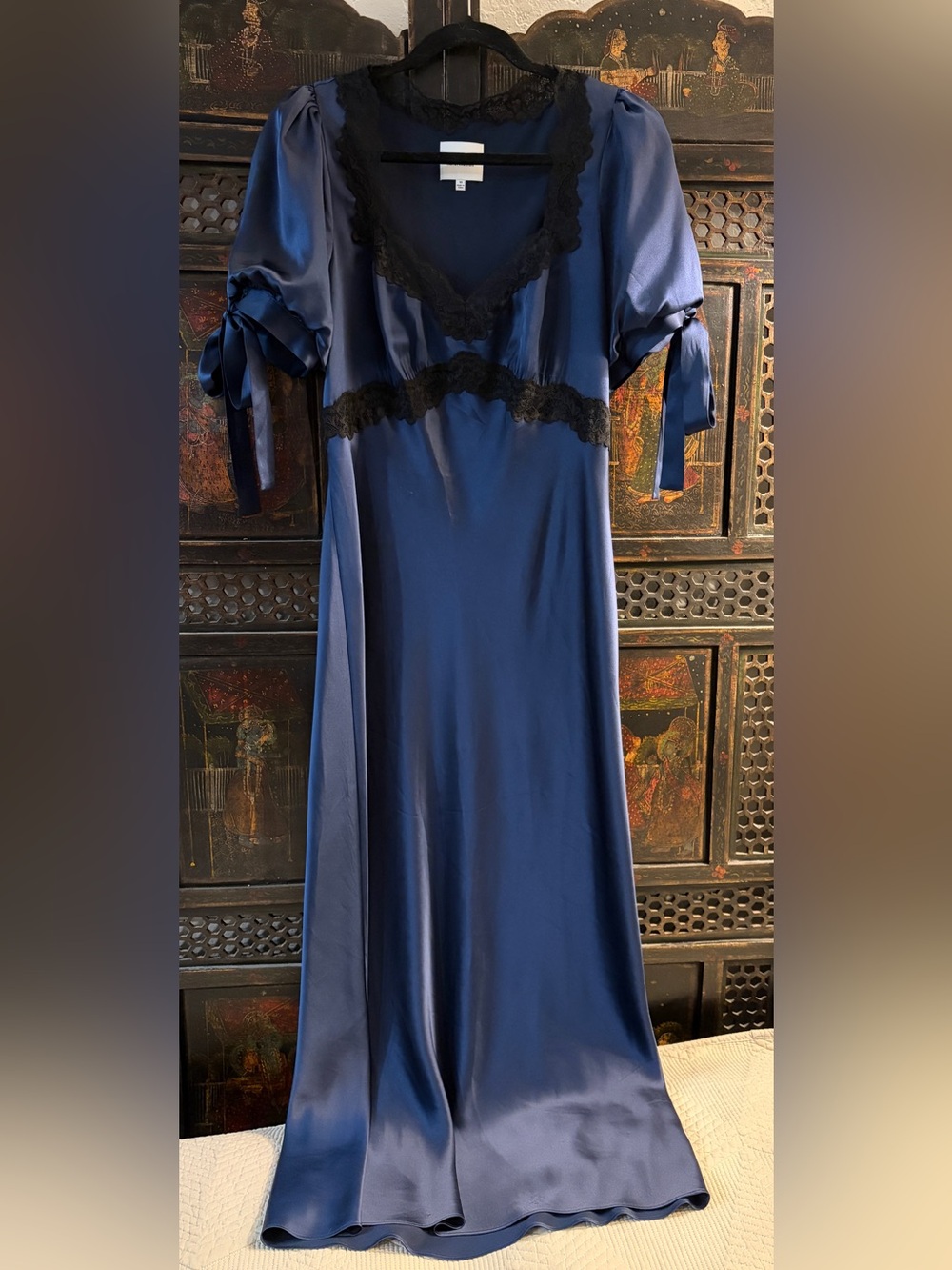 Reformation Stella Silk Dress Lace Trim Maxi Blue Size 10